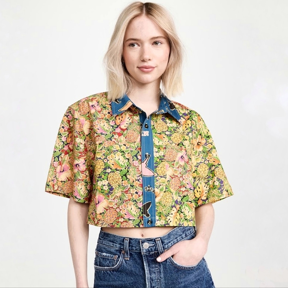 Re/Done NWT Cropped Button-Down Multi Pineapple Print Shirt